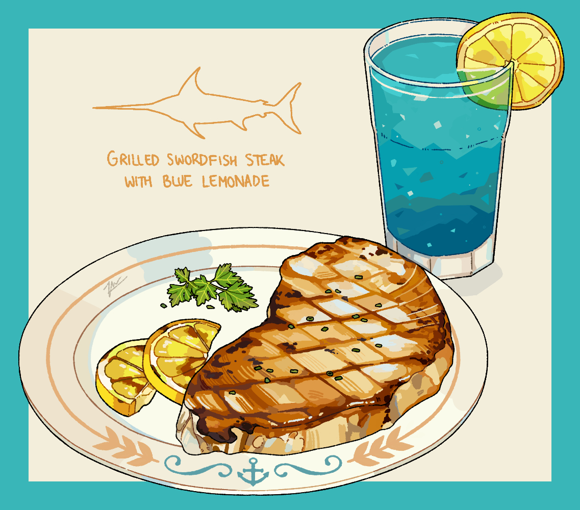 Illustration of a grilled swordfish steak and blue lemonade.