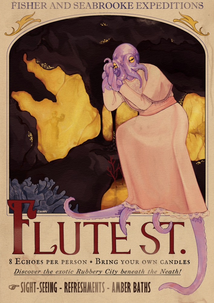 Illustration of a humanoid with an octopus head, in the style of a travel poster.