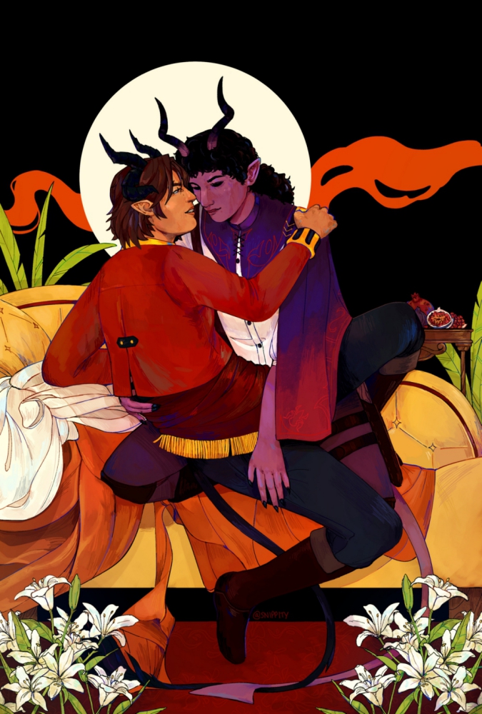 Illustration of two tieflings embracing on a chaise lounge.